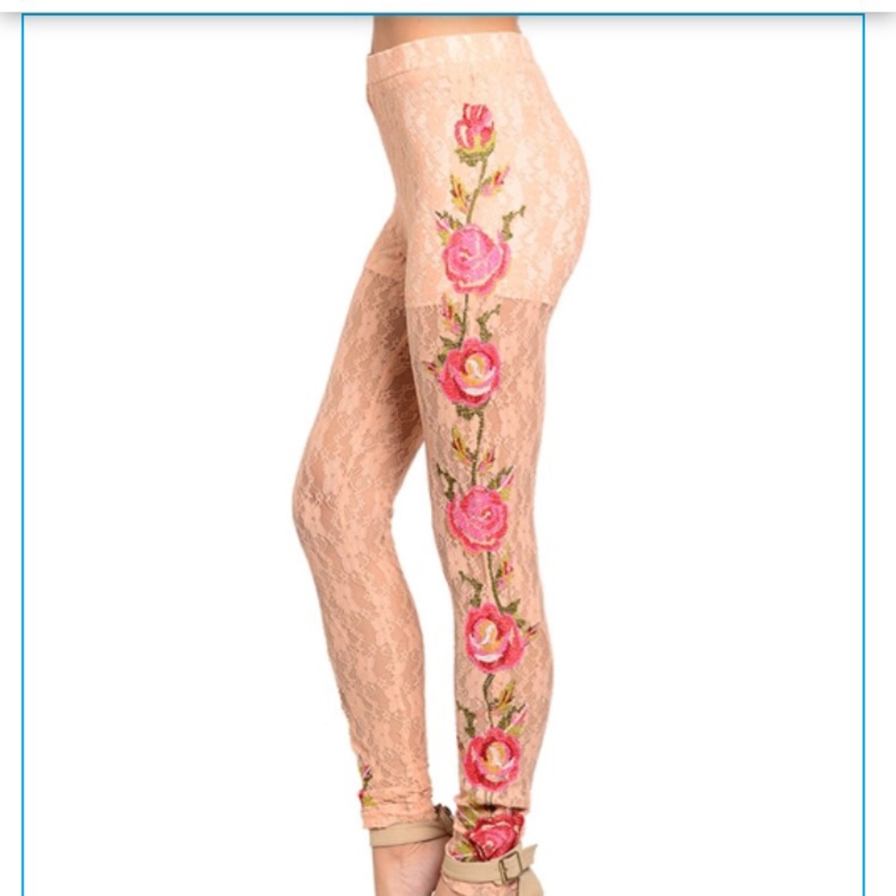 Ark & Co Peach Lace Leggings with Pink Floral Embroidery